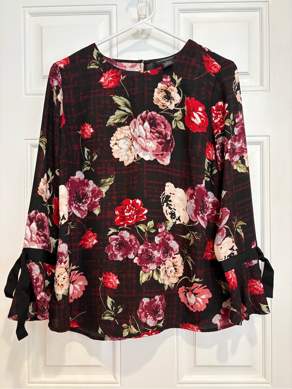 Liz Claiborne Career Collection Black Floral Sheer Blouse with Tie Bell Sleeves